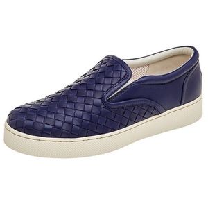 Authentic Dark Blue Bottega Veneta Intrecciato Leather Woven Slip on Sneakers